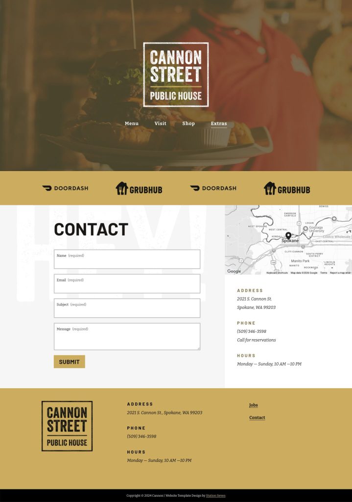 The Contact page of the Cannon Squarespace template