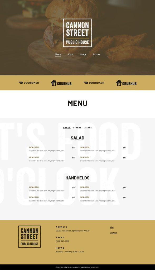 The Menu page of the Cannon Squarespace template