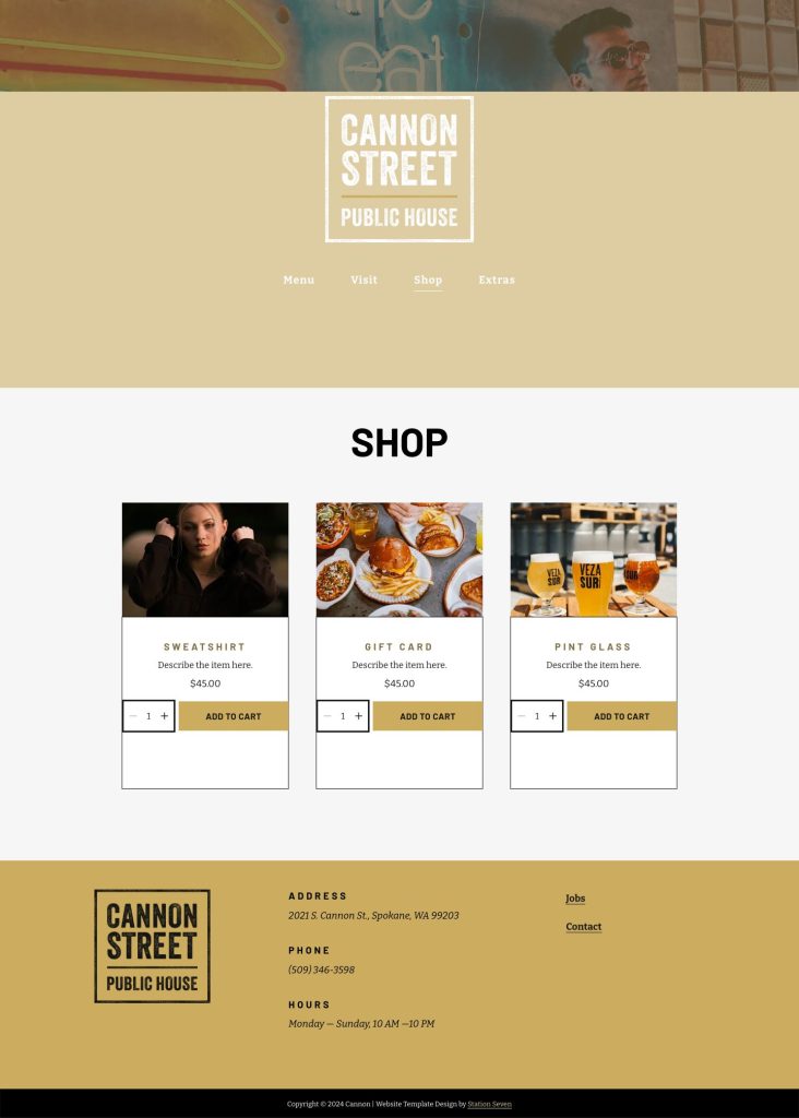 The Shop page of the Cannon Squarespace template