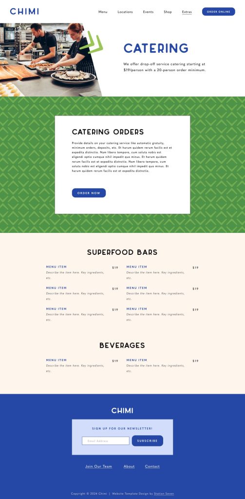 The Catering page of the Chimi Squarespace template