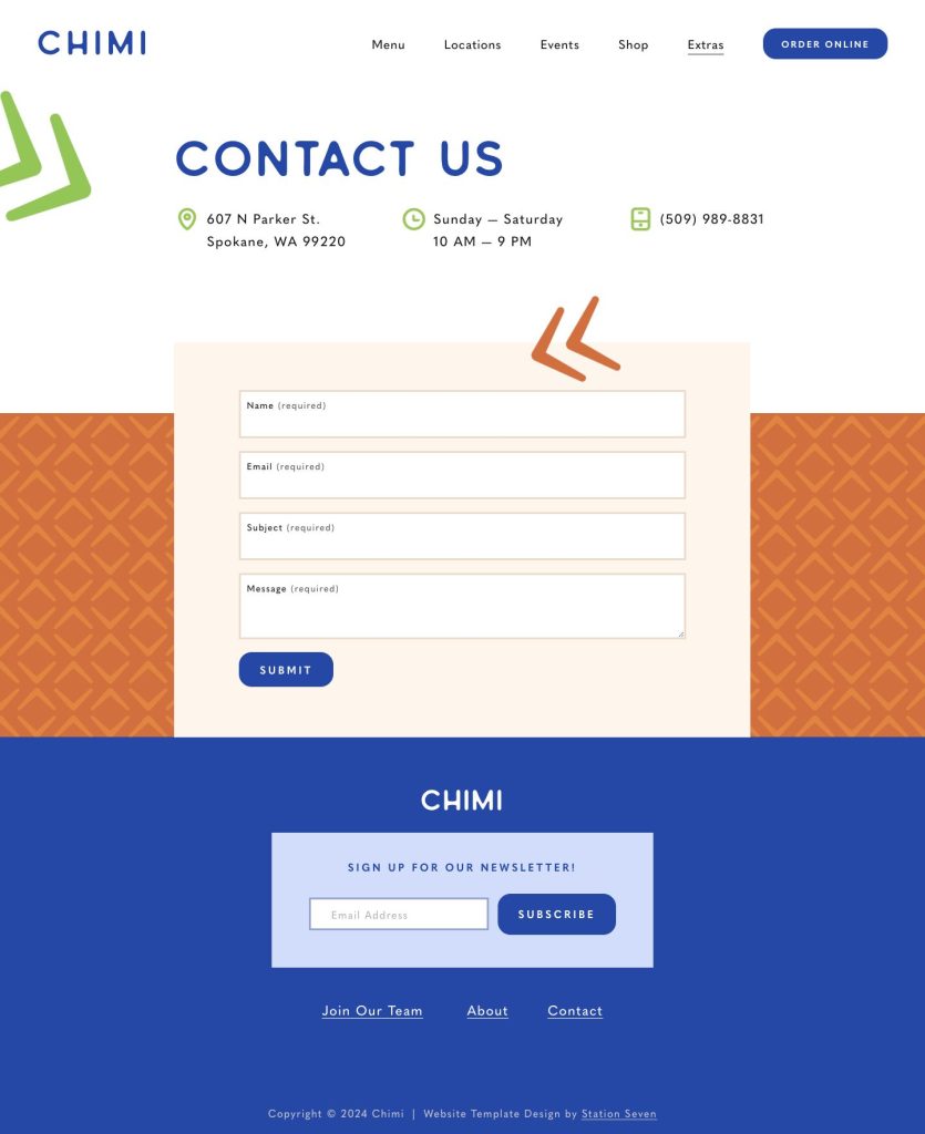 The Contact page of the Chimi Squarespace template