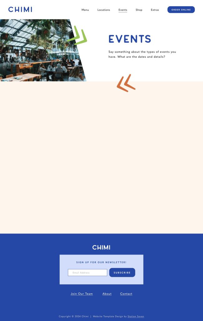 The Events page of the Chimi Squarespace template
