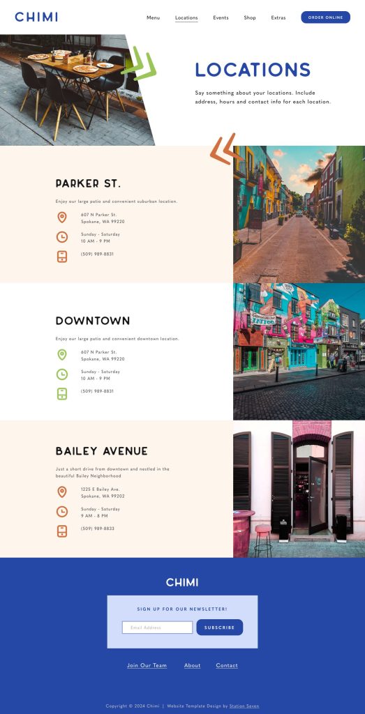 The Locations page of the Chimi Squarespace template