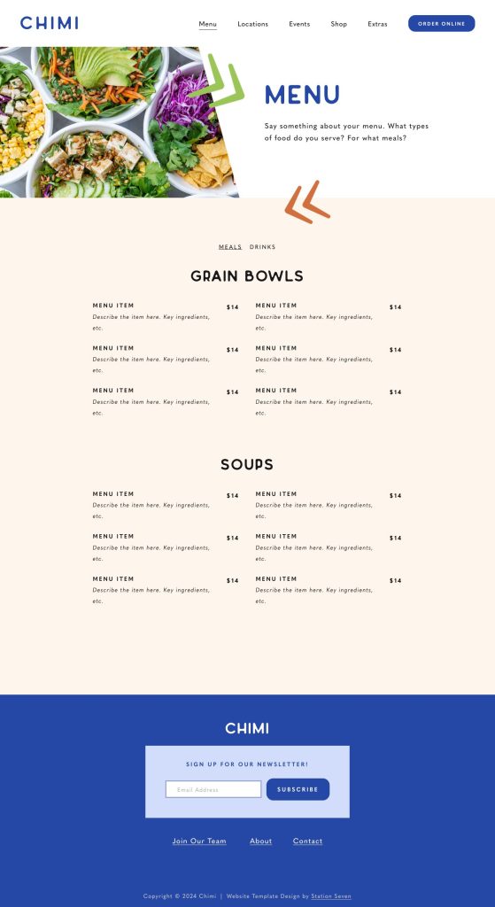 The Menu page of the Chimi Squarespace template