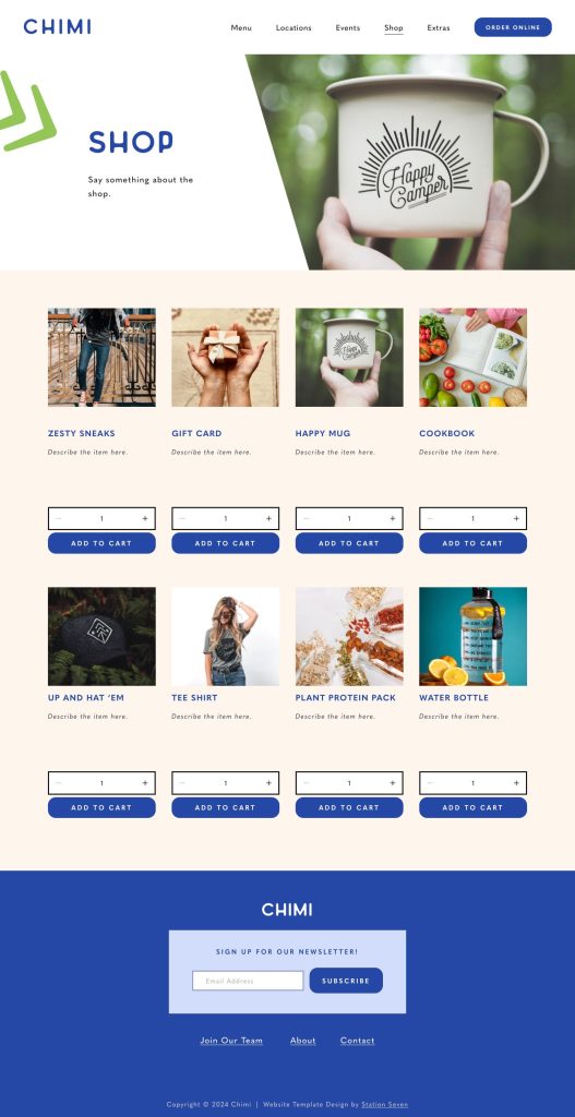 The Shop page of the Chimi Squarespace template