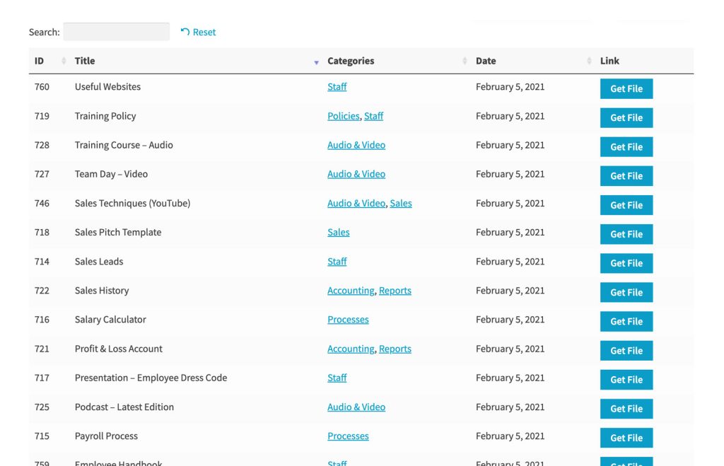 Document Library Lite: a document library table being filtered by clicking a download category