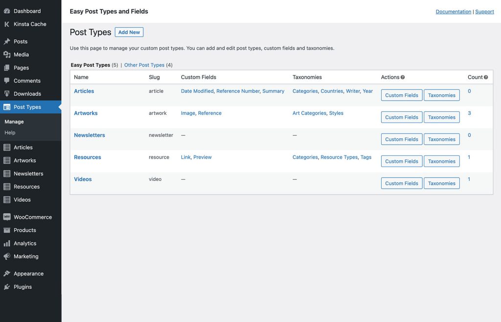 Easy Post Types and Fields: the screen listing created custom post types