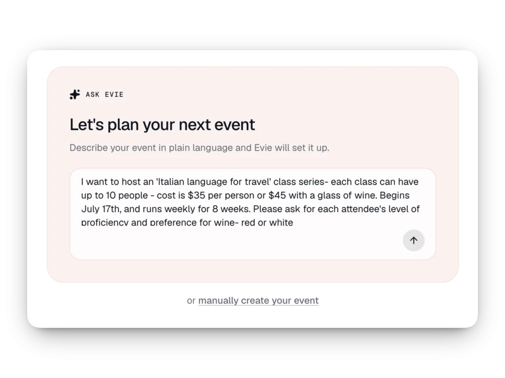 Eventually's Ask Evie panel, headed “Let's plan your next event”, with an event described in one sentence: an Italian language class series for ten people at $35, beginning July 17th and running weekly for eight weeks