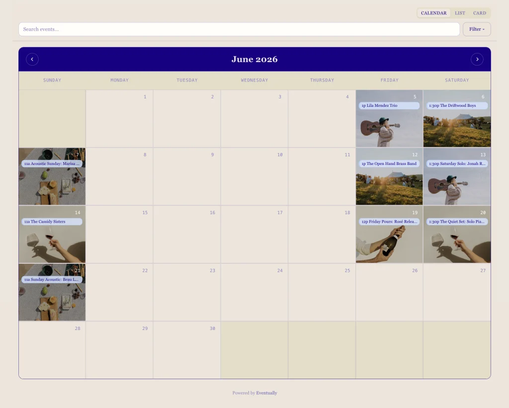 A month view of June 2026 on a winery's Squarespace site, each event shown as a photo tile with its time and name, above a search box and a filter control