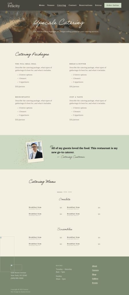 The Catering page of the Felicity Squarespace template