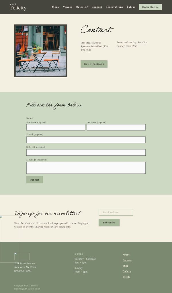 The Contact page of the Felicity Squarespace template