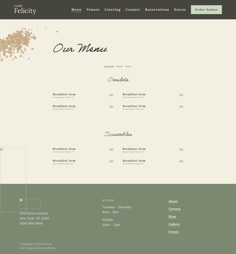 The Menu page of the Felicity Squarespace template