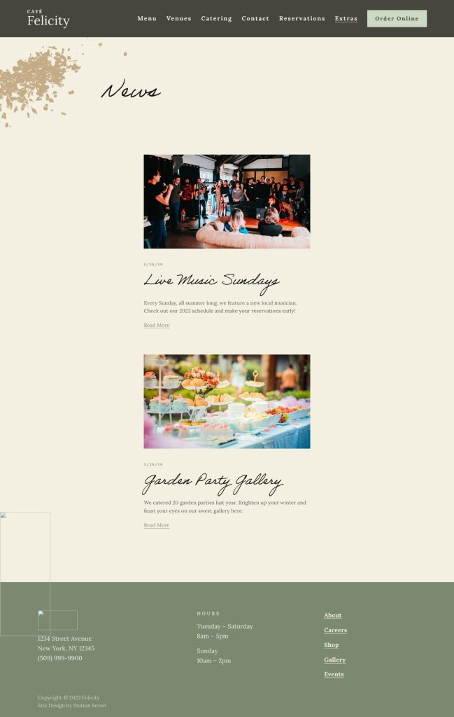 The News page of the Felicity Squarespace template