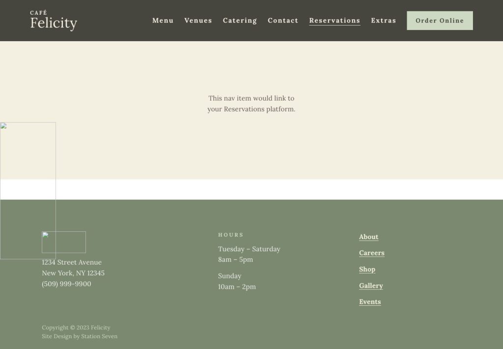 The Reservations page of the Felicity Squarespace template