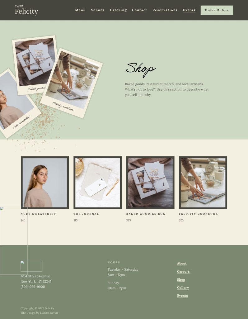 The Shop page of the Felicity Squarespace template