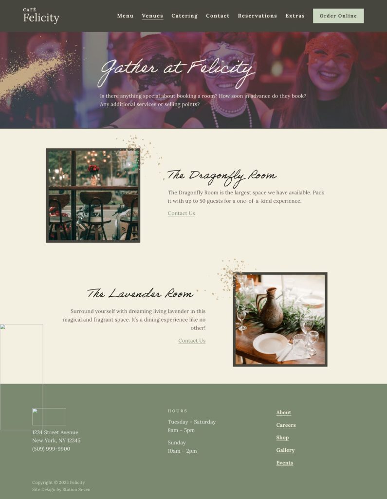 The Venues page of the Felicity Squarespace template