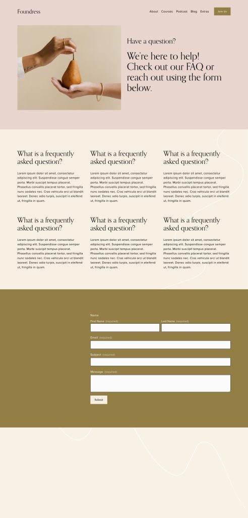 The Contact page of the Foundress Squarespace template
