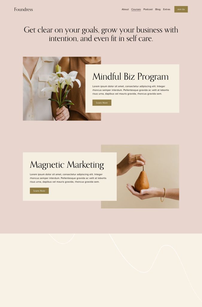 The Courses page of the Foundress Squarespace template