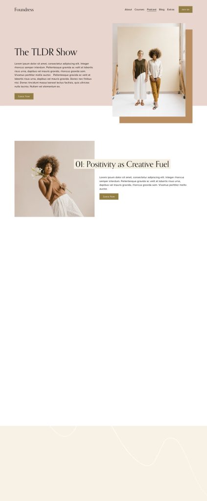 The Podcast page of the Foundress Squarespace template