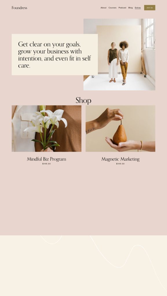 The Shop page of the Foundress Squarespace template