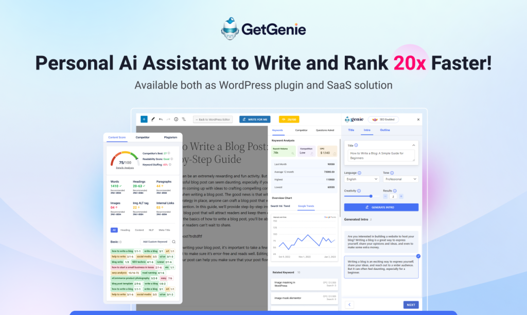 GetGenie AI's AI writing interface inside the WordPress post editor