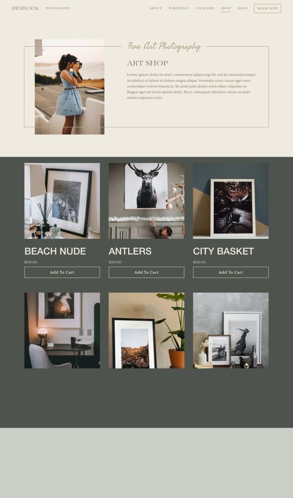 The Shop page of the Hemlock Squarespace template