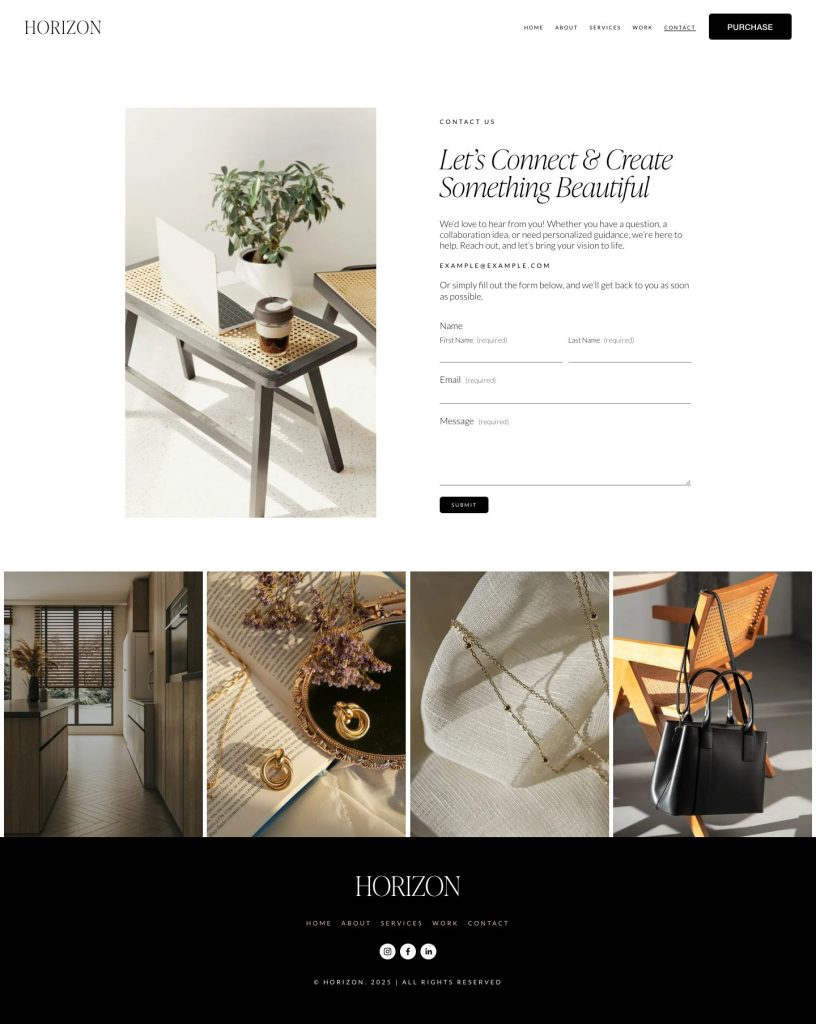 The Contact page of the Horizon Squarespace template