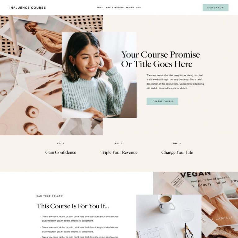 Influence Course — Squarespace Course Template template — preview of its design