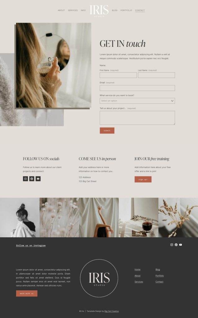 The Iris Contact page, top to bottom