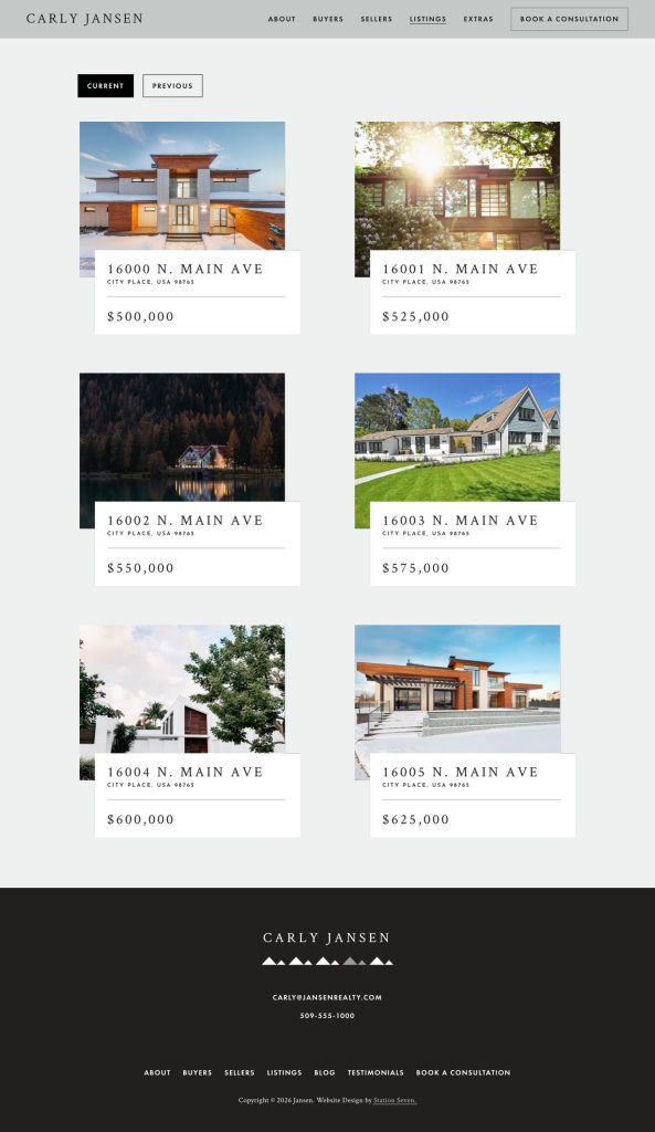 The Listings page of the Jansen Squarespace template