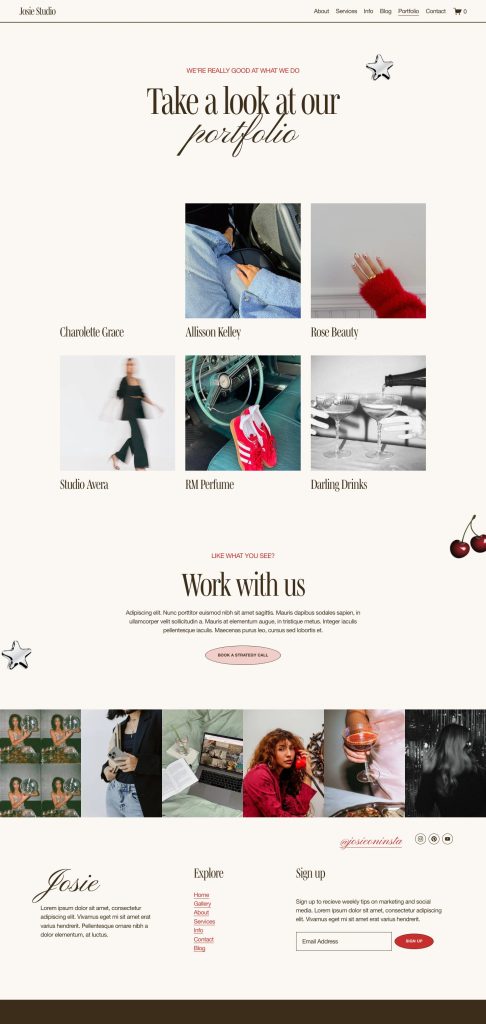 The Josie Portfolio page, top to bottom