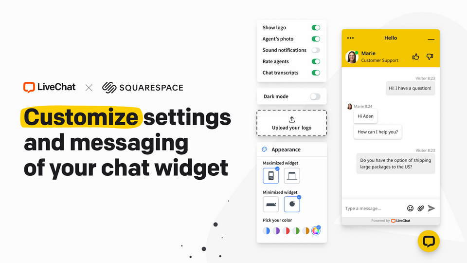 LiveChat widget settings — toggles for logo, agent photo, sound notifications, agent rating, transcripts and dark mode, a logo upload, maximised and minimised widget styles and a colour picker