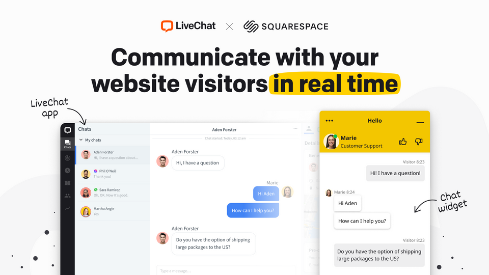 LiveChat's official Squarespace app image: the agent inbox showing a list of chats and one open conversation, beside the yellow chat widget a visitor sees, headed Hello with an agent named Marie