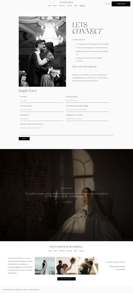 The Contact page of the Luminara Squarespace template