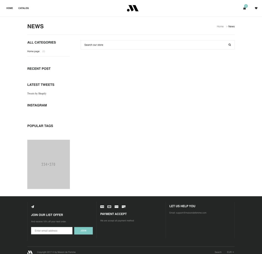 The Blog page of the Maison template