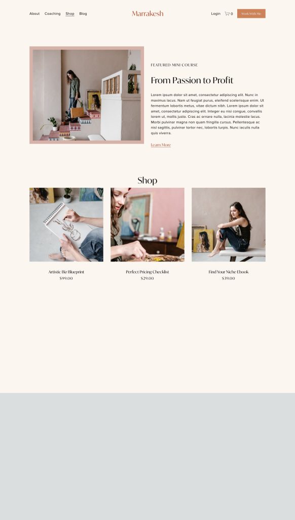 The Shop page of the Marrakesh Squarespace template