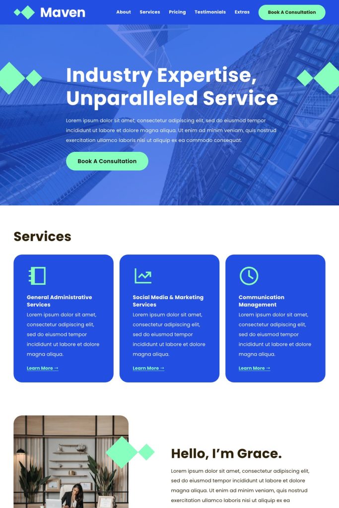 The Maven Squarespace template, shown on its live demo