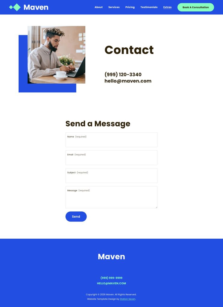 The Contact page of the Maven Squarespace template