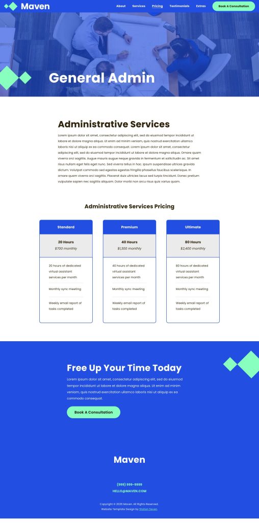 The General Admin page of the Maven Squarespace template