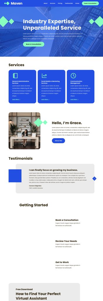 The Home page of the Maven Squarespace template