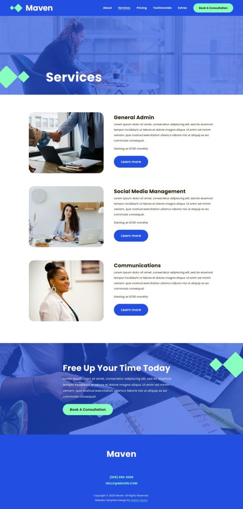 The Services page of the Maven Squarespace template