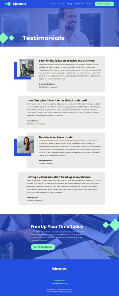 The Testimonials page of the Maven Squarespace template