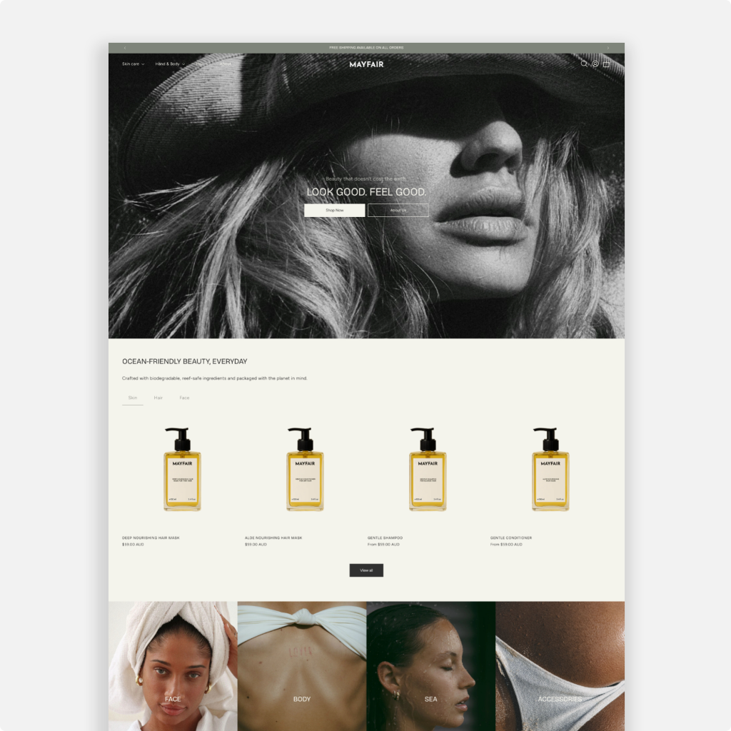 Mayfair Shopify theme by Studio Mayde — the homepage design shown on a desktop screen