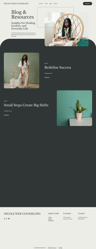 The Blog page of the Nicole template