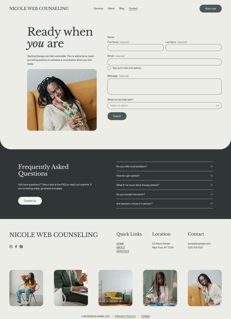 The Contact page of the Nicole template
