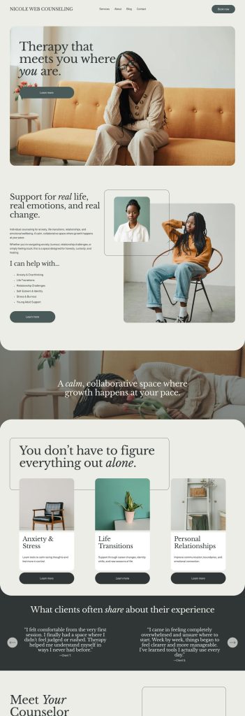 The Home page of the Nicole template