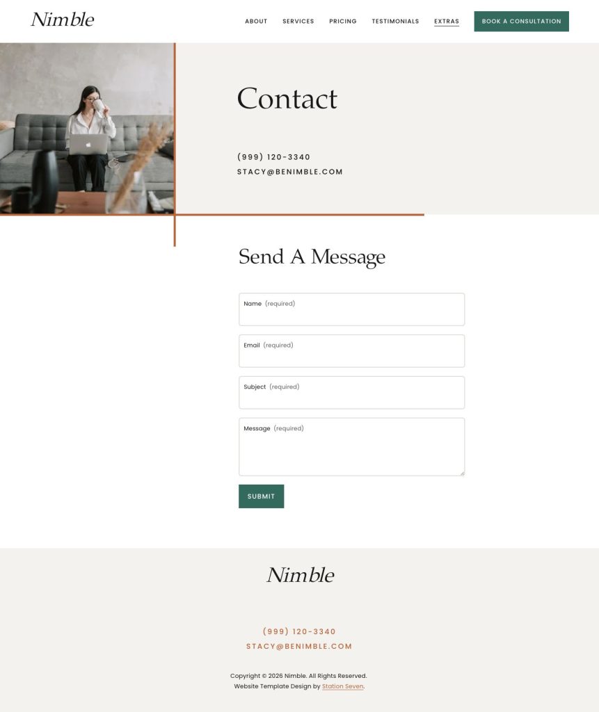 The Contact page of the Nimble Squarespace template