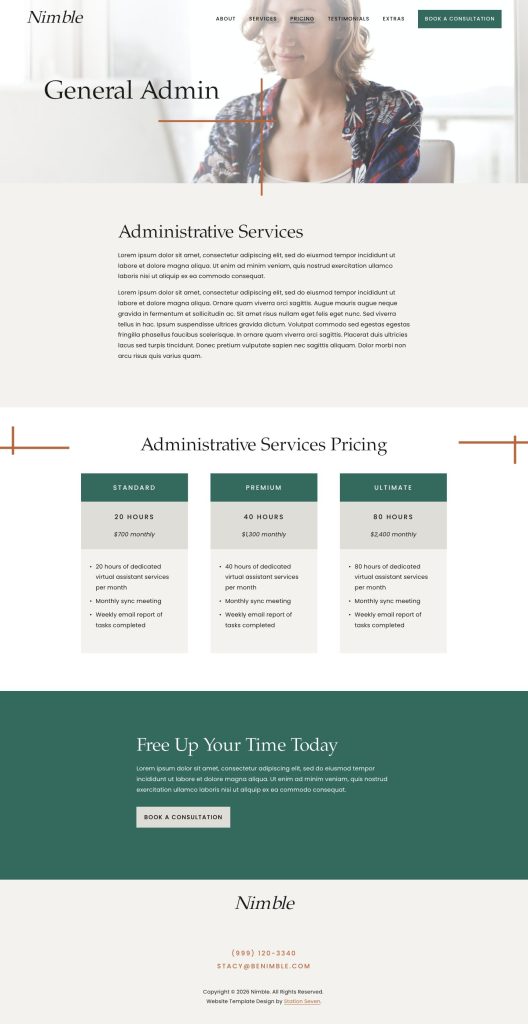 The General Admin page of the Nimble Squarespace template