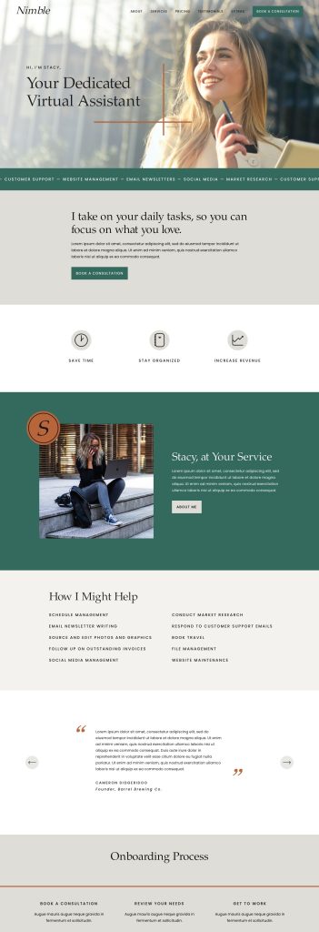 The Home page of the Nimble Squarespace template