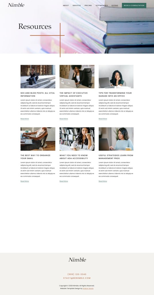 The Resources page of the Nimble Squarespace template